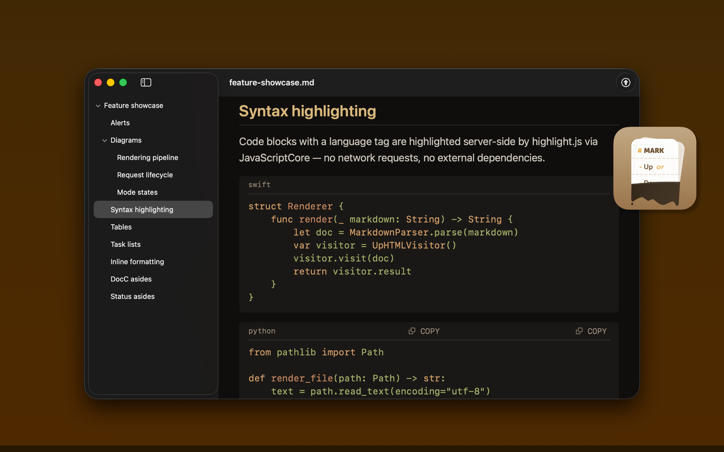 Screenshot: Syntax highlighting, with Outline in Sidebar