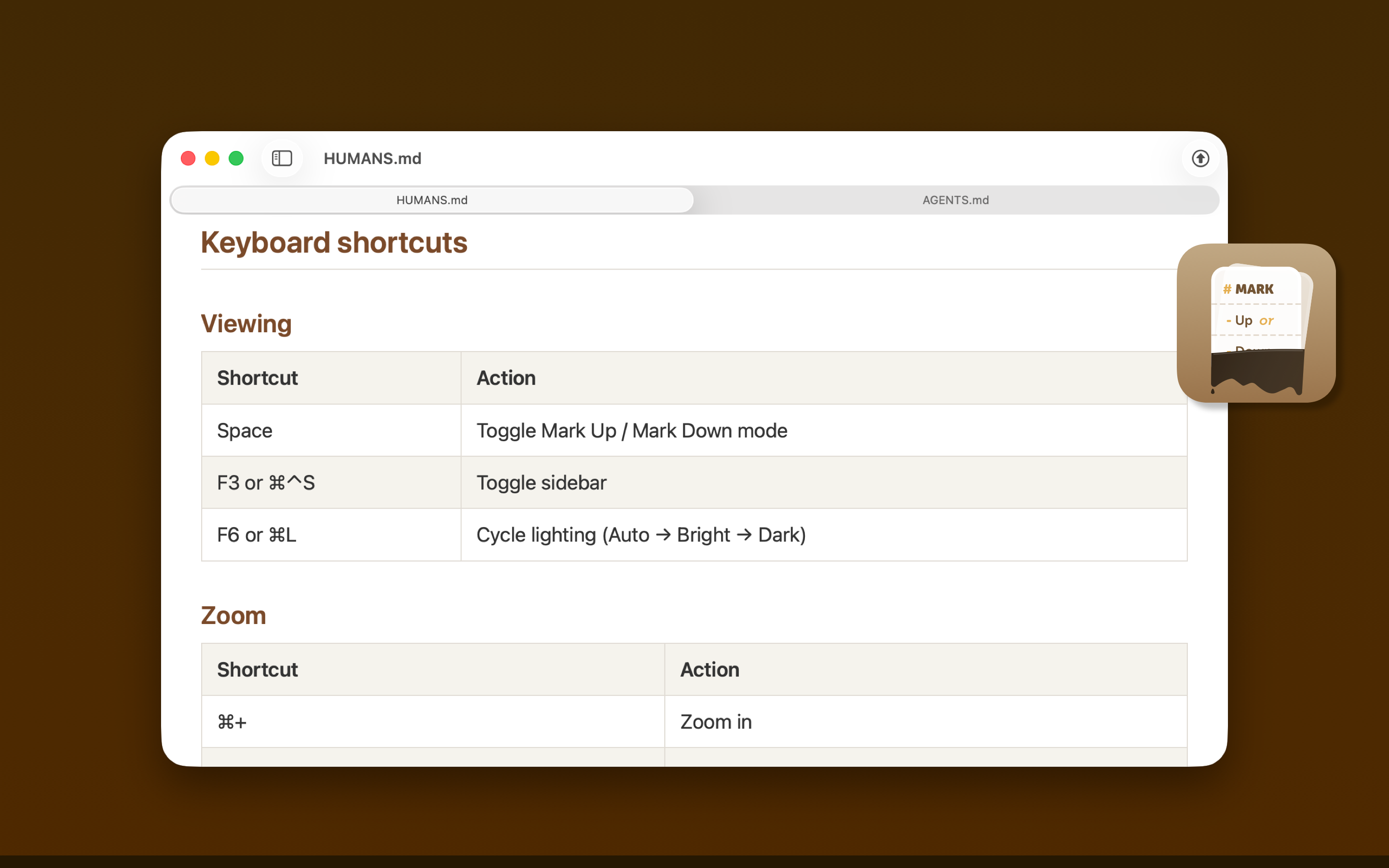 Screenshot: Keyboard shortcuts in a table
