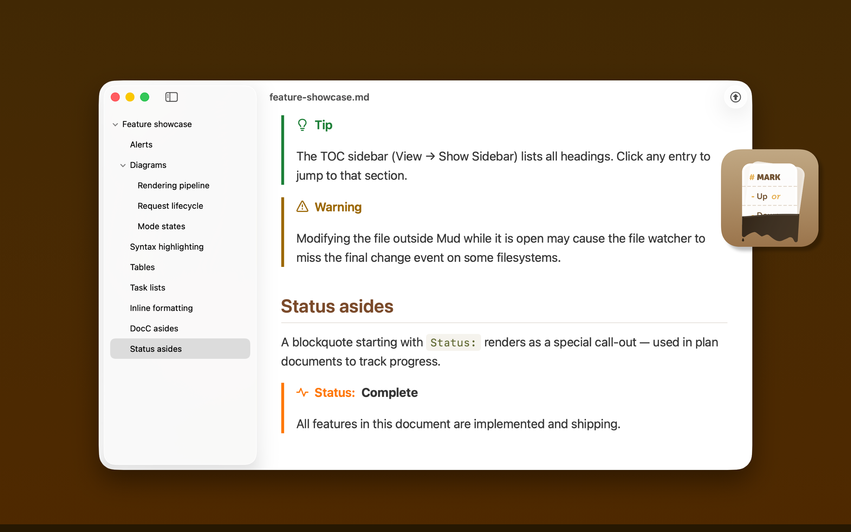 Screenshot: Rendering — Status aside
